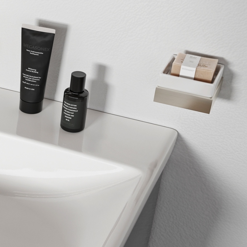 Product Lifestyle image of the Abacus Pure Brushed Nickel Soap Dish & Holder